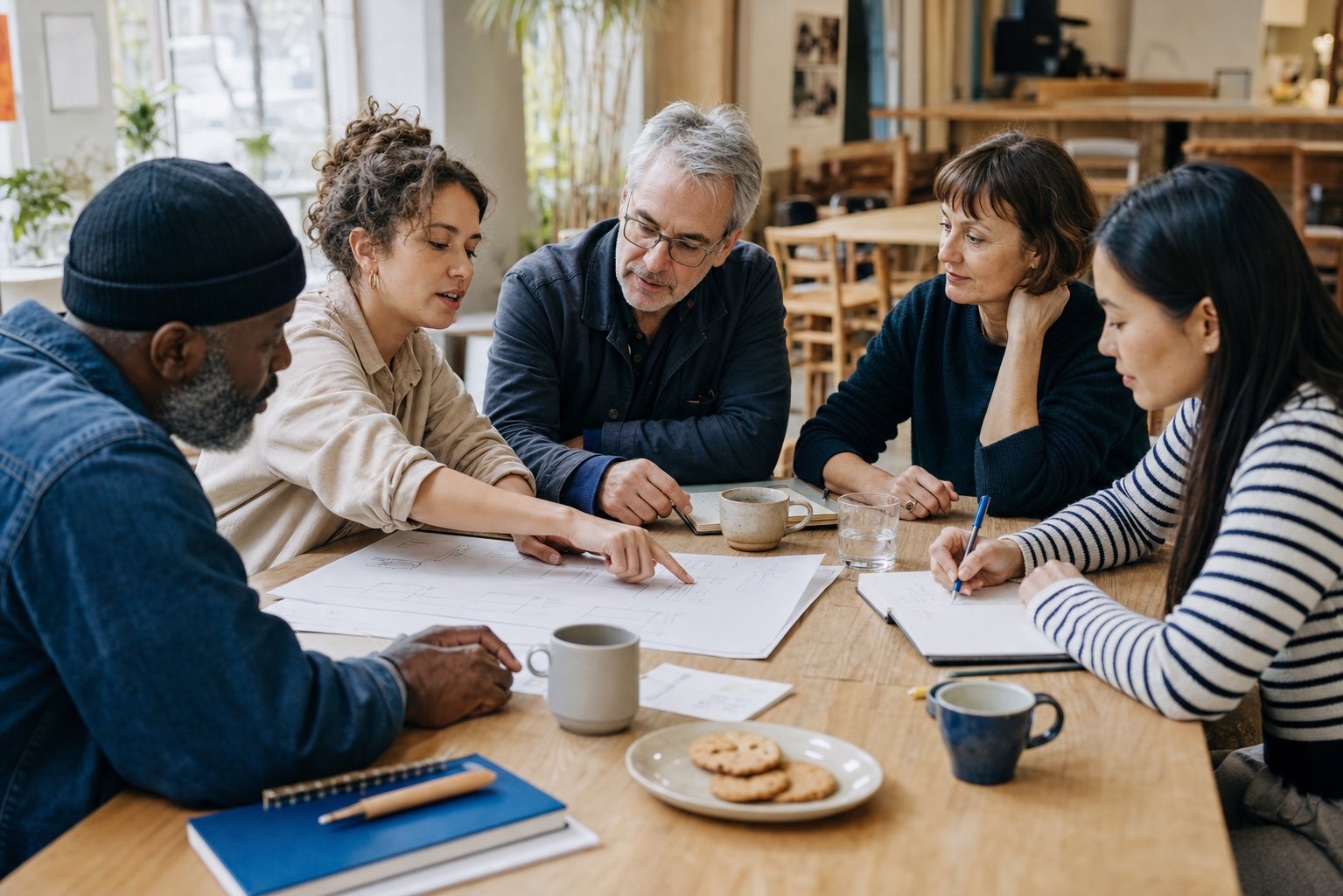 A community team planning a project together around a table