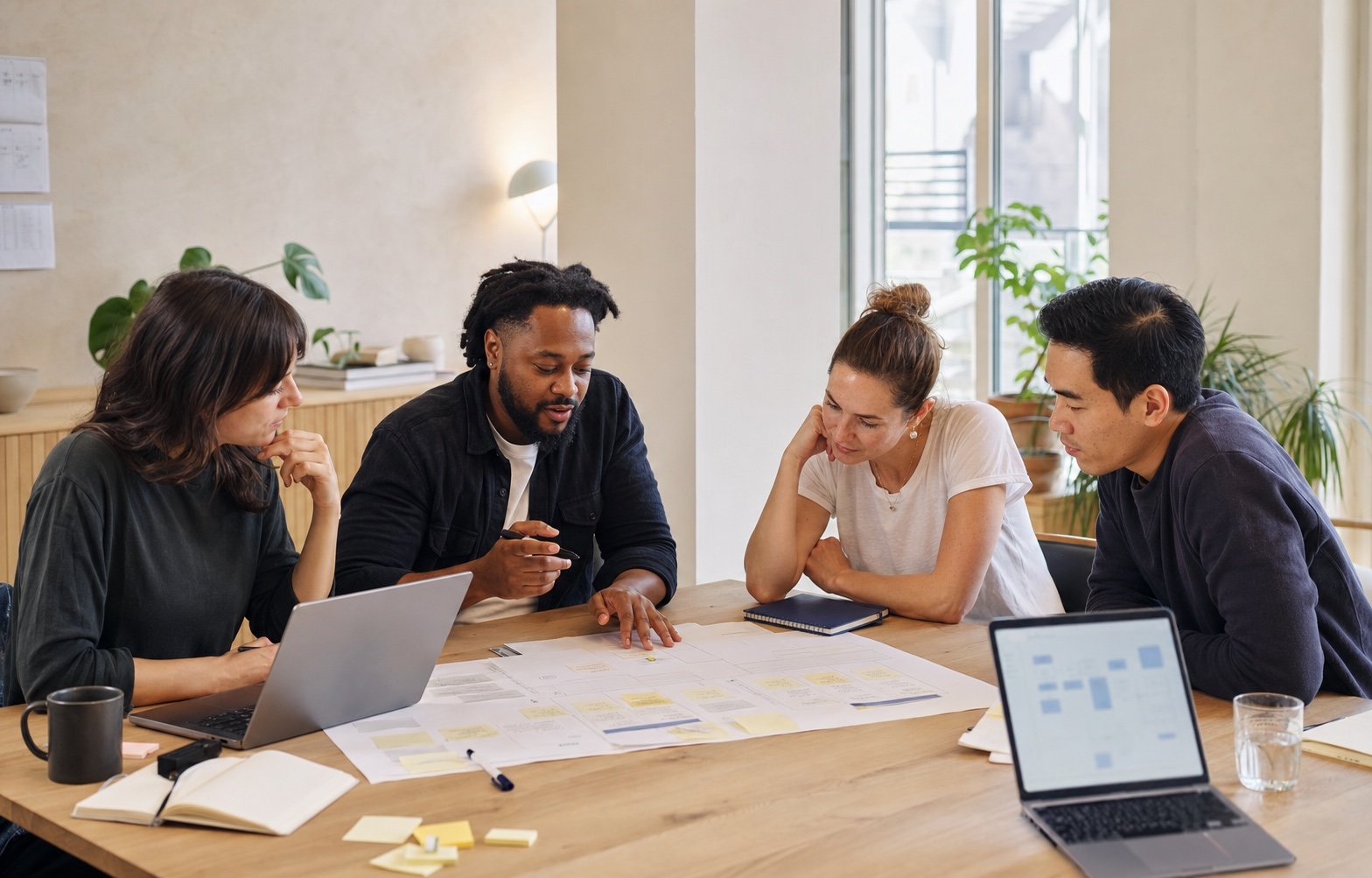 A product and development team collaborating around laptops and notes