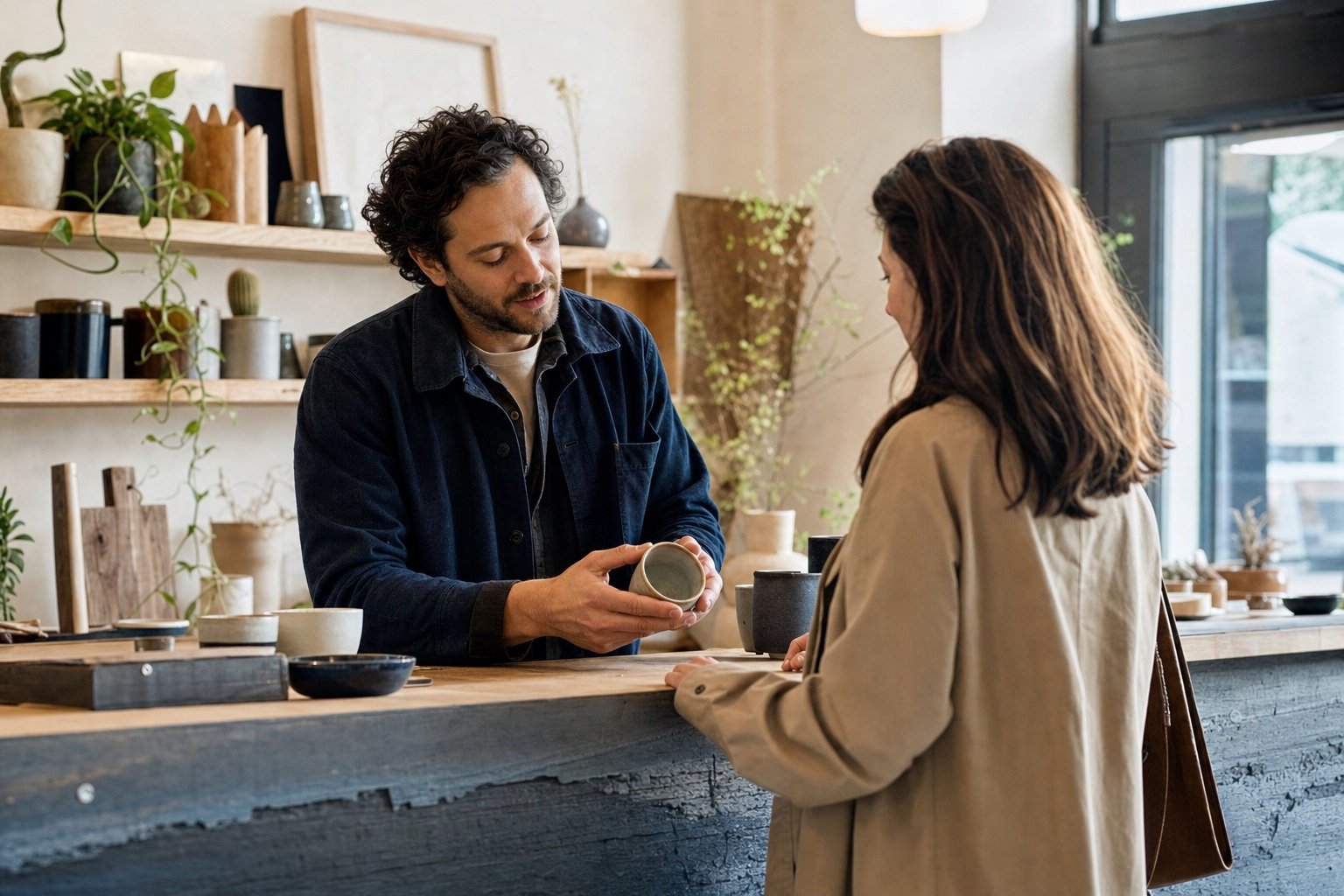 An independent local business owner speaking with a customer