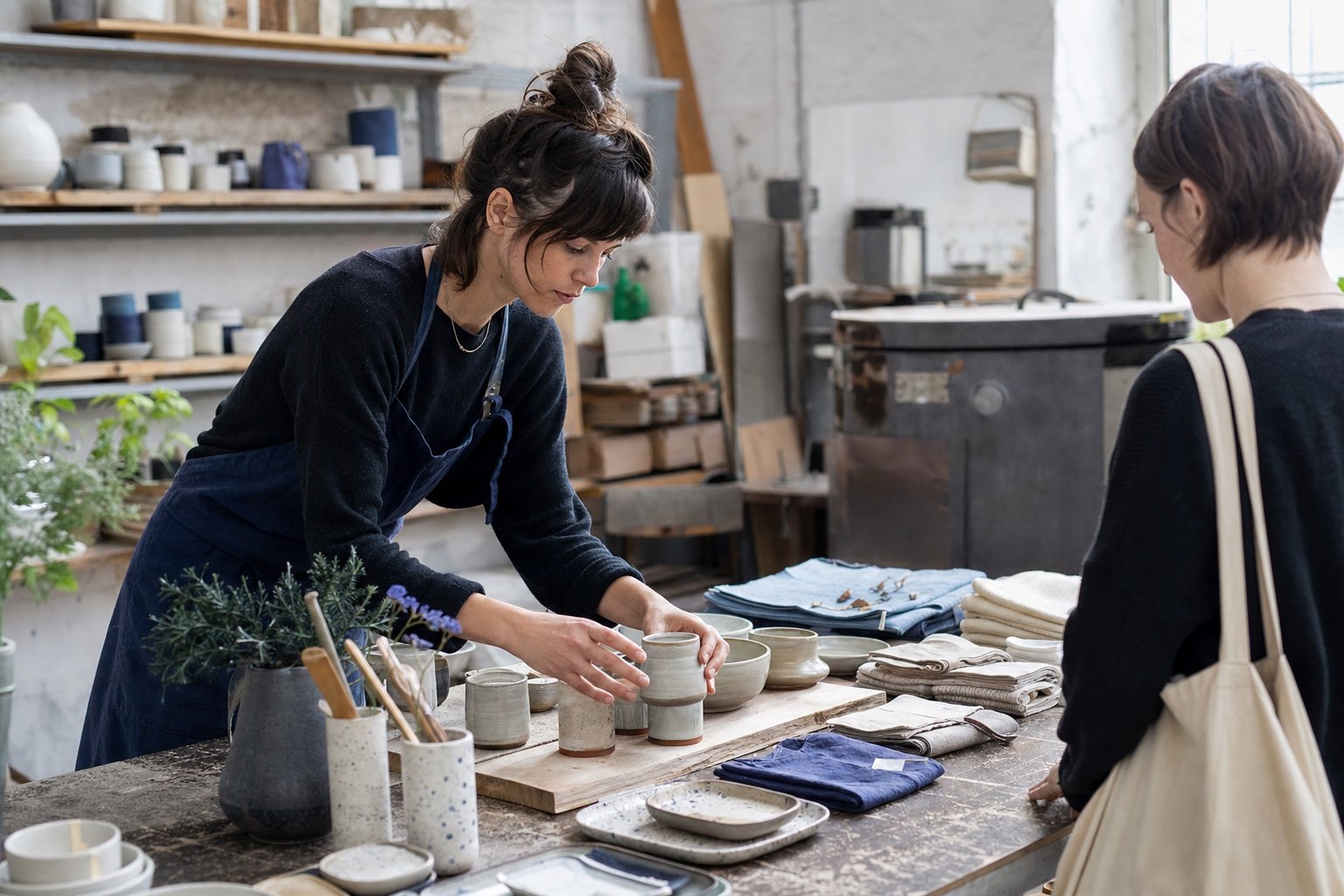 An independent maker preparing products in a working studio