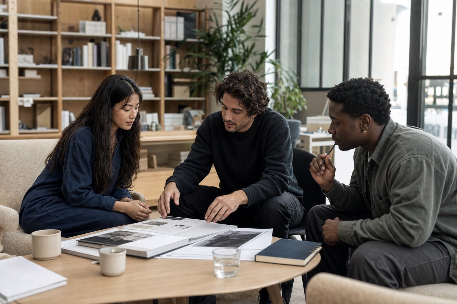 A small team collaborating around a table in a modern studio