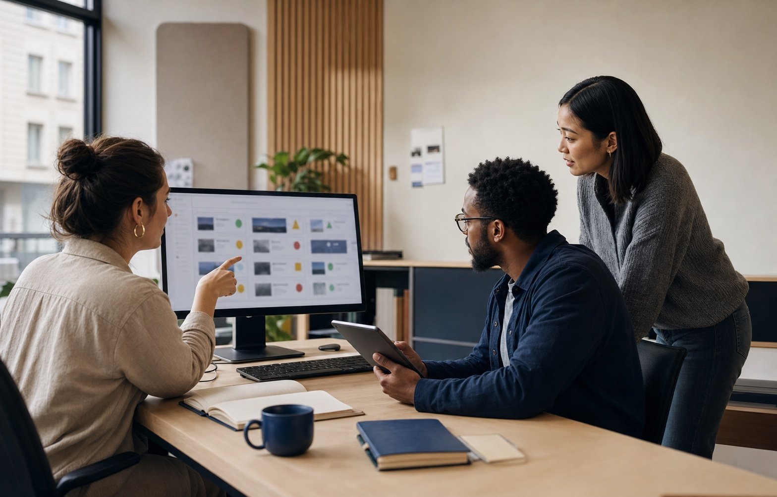 A support team calmly reviewing content together