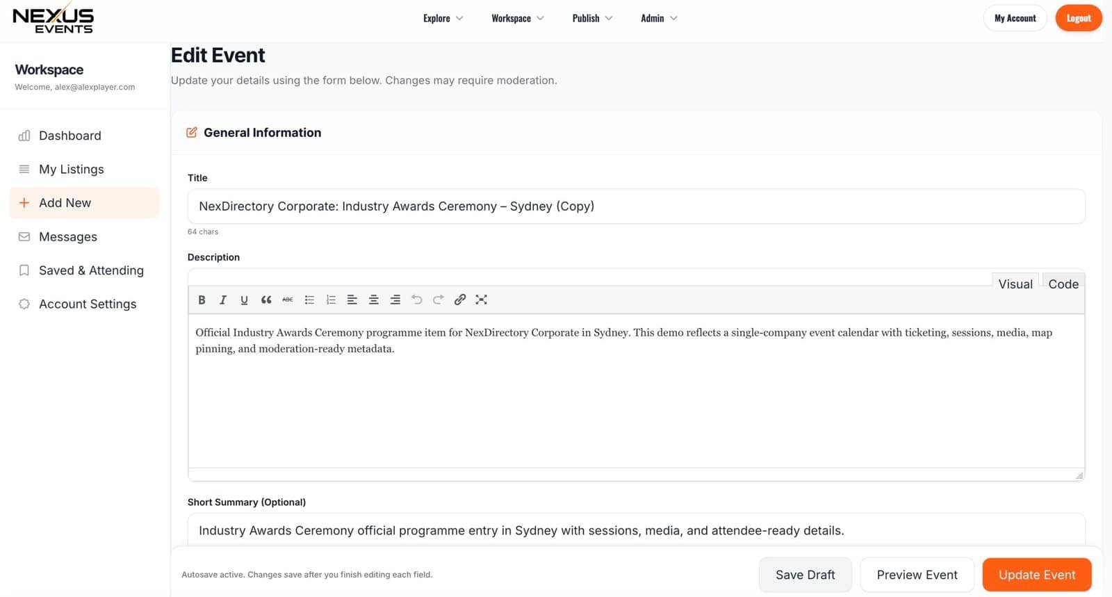 Event Edit Form and Dashboard