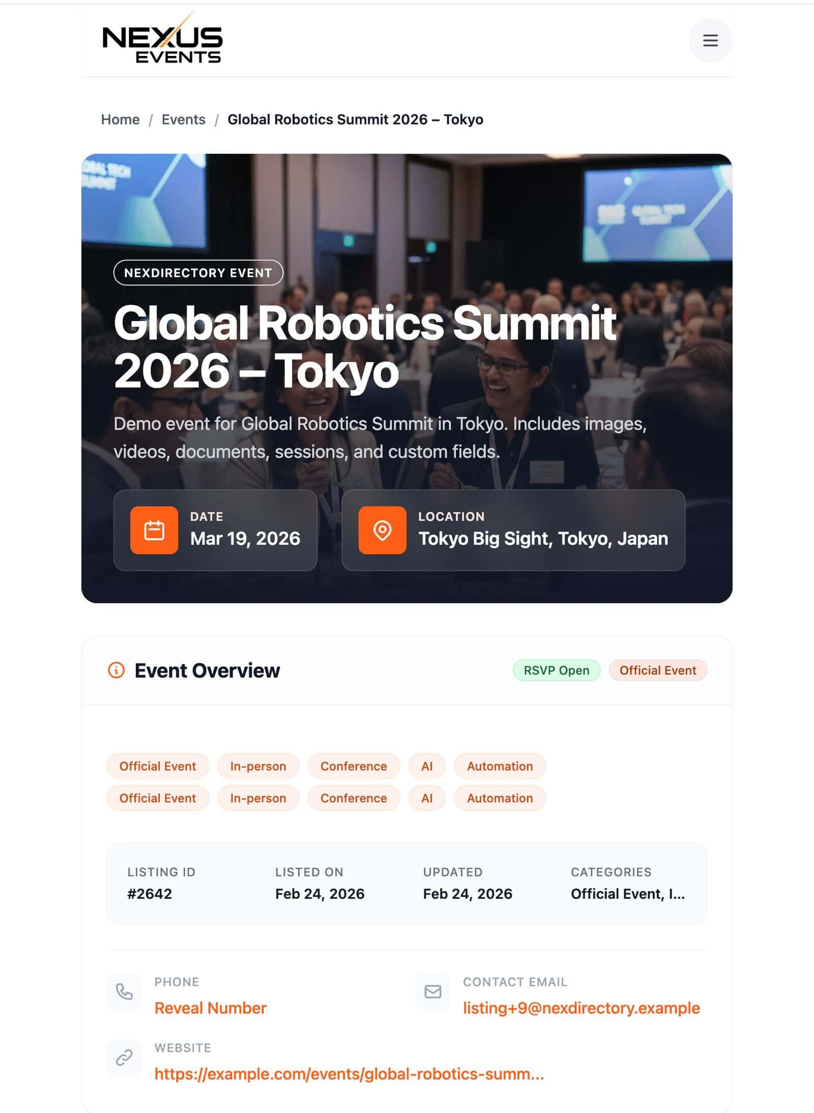 Screenshot of a NexDirectory event page layout